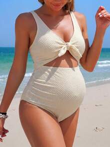 SHEIN 孕婦夏季海灘度假溫柔繫帶抓皺鏤空連身泳衣 - 米色 - 查看 5