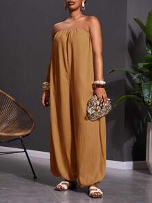 Veslaya 2026 Spring/Summer Women's Plus Size New Music Festival Easter Western Nomad Birthday Party Bussines Vacation Beach Chocolate Brown Loose Jumpsuit - Redwood - View 4