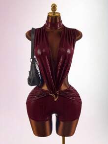 Amplova Women's Tight Burgundy Jumpsuit Backless Deep V-Neck Waist Cutout Snake Skin Pattern Stretchy Summer Club Night Out Night Rave Avant-Garde Sexy - Burgundy - View 12