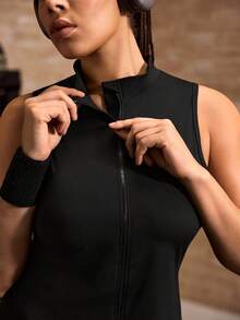 Powerista Plus Size Women's Solid Color Zipper Front Vest Jacket Plus Size Plus Size Women's Casual Solid Color Loose Racerback Tank Top, Summer Gym Leggings Plus Size Workout Clothes Plus Size Athletic Wear Curve Active Wear Gym Tank Curve Gym Clothes Women Plus Size Gym Outfit For Women Curve Women's Fashionable Casual Contrast Color Elastic Tank Yoga Top - Black - View 6