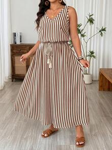 SHEIN LUNE CURVE Women's Commuter Casual European & American Vintage Style Leopard Print Plus Size Sleeveless V-Neck Waist-Defining Slimming Tie-Up Design Long Dress With Full Flare Summer Casual Dress - Multicolor - View 3
