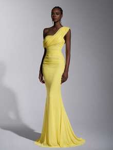 Elitara 2025 New Elegant Yellow Mesh One-Shoulder Ruched Fitted Maxi Dress, Suitable For Weddings, Formal Events, Bridesmaid Dress - Yellow - View 6