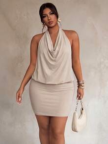 Firerie Plus Size Spring/Summer Women's Elegant Sexy Exquisite Charming Date Concert Dress Draped Neckline Halter Neck Bodycon - Apricot - View 5