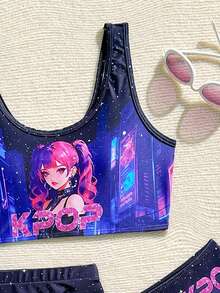 SHEIN 青少年女孩泳衣套裝，卡通女孩印花，3件套含裙子，適合海灘、度假、玩耍、夏季 - 彩色 - 查看 3