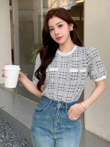 DAZY 春夏秋圓領短袖收腰灰色格紋粗花呢修身女款T恤 - 米色 - 查看 6