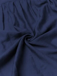 Aalyst Women's Spring/Summer Commute Single-Thread Bamboo Linen Solid Color V-Neck Pleated Dropped Shoulder Cuffed Short Sleeve Blouse - Navy Blue - View 3