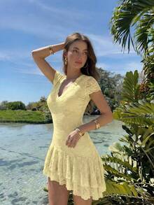 Skyraze Asymmetric Ruffle Lace Short Dress - Light Yellow - View 1