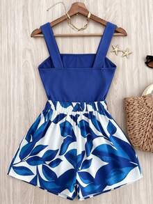 Roelina 夏季新款皇家藍白色與藍色細肩帶背心上衣與植物印花短褲度假兩件套，優雅熱帶休閒通勤度假海灘 - 藍色 - 查看 2