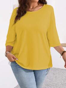 Camiseta de talla grande para mujer de unicolor, cuello redondo, casual, versátil, para uso diario - Amarillo - Ver 3