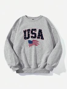 SHEIN EZwear 女款復古美國國旗Y2K寬鬆混色灰色長袖運動衫；街頭風；日 - 淺灰色 - 查看 7