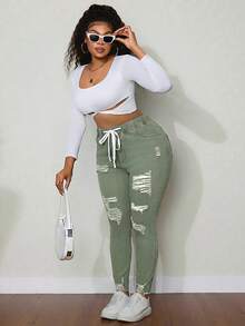 SHEIN SXY 大尺碼女款破洞彈性腰多功能牛仔褲 - 軍綠色 - 查看 6