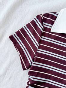 SHEIN 青少年女孩休閒學院風彩色條紋 Polo 領抽褶腰短袖 T 恤 - 彩色 - 查看 5
