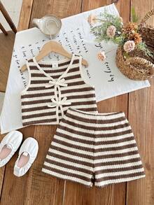 SHEIN LMoss Kids 少女條紋拼接撞色綁帶上衣與短褲休閒日常套裝 - 彩色 - 查看 2