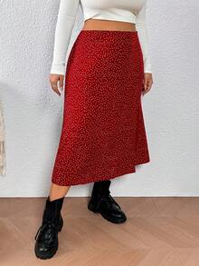 SHEIN PETITE CURVE 大尺碼中長版 A 字開衩圓點休閒度假裙 - 紅色 - 查看 5