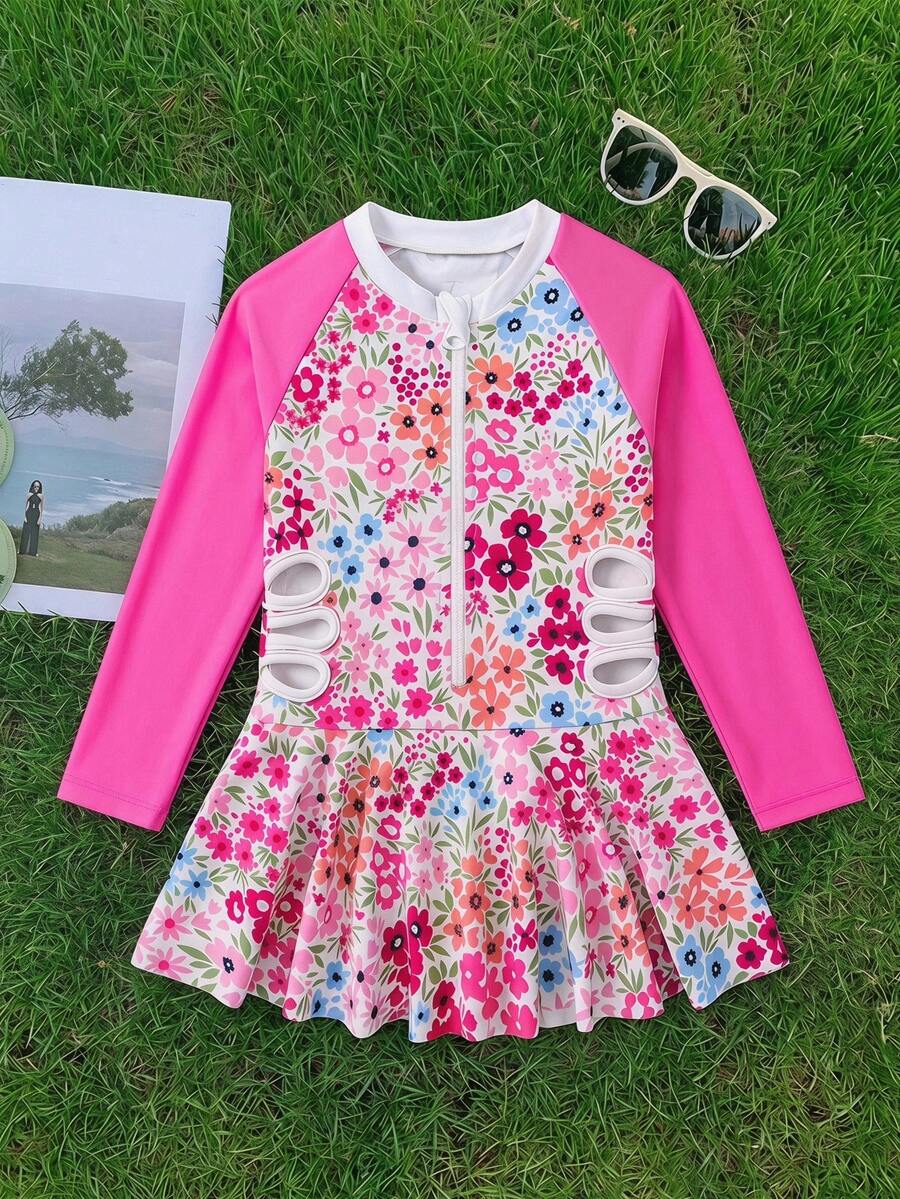 SHEIN 少女夏季度假沙滩拼布碎花镂空长袖连体泳衣 - 彩色 - 查看 1