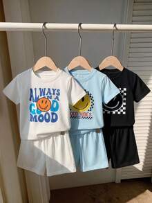 SHEIN 3套/6件裝 男童休閒口號印花短袖圓領T恤與短褲套裝，適合日常休閒、度假、運動、旅行，適用於夏季 - 彩色 - 查看 5