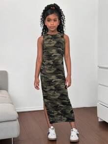 SHEIN Tween 女童休闲时尚军绿色针织迷彩腰部褶饰无袖连衣裙 - 綠色 - 查看 2