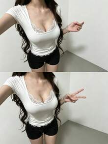 Coolane 女款夏季可愛優雅休閒蕾絲彈性舒適V領白色T恤 - 白色 - 查看 5