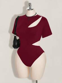 SHEIN ICON Women's Plus Size Solid Color Hollow Out Casual Versatile Daily Outing Short Sleeve Bodysuit - Burgundy - View 1