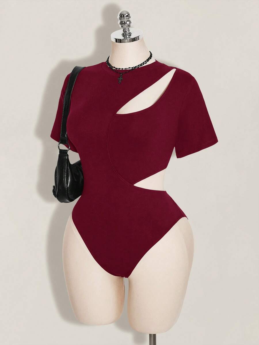 SHEIN ICON Women's Plus Size Solid Color Hollow Out Casual Versatile Daily Outing Short Sleeve Bodysuit - Burgundy - View 1