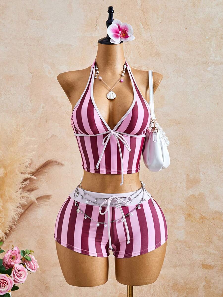 Swim Vcay 新款女款優雅復古條紋掛脖露背分體式比基尼上衣套裝,搭配性感方形剪裁泳褲,適合海灘度假 - 彩色 - 查看 1