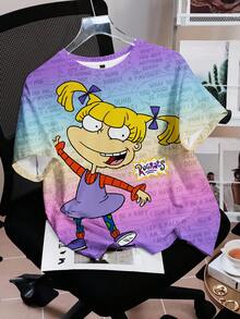 Nick 90s | SHEIN Women's Cartoon Pattern Letter Print Round Neck Gradient Color Short Sleeve T-Shirt - White - View 1