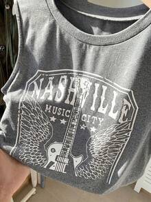 Comfortcana Tank Top Wanita Model Crop Boxy Leher Bulat dengan Motif Gitar, Atasan Musim Panas - Dark Grey - View 5