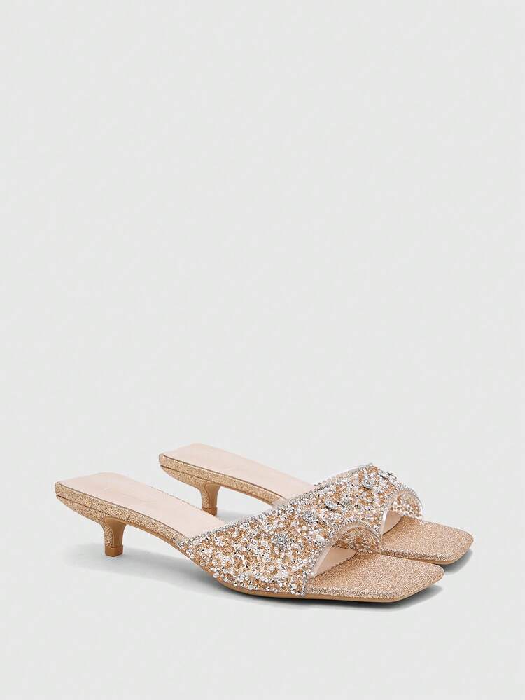 CUCCOO TILAWA Champagne Color Square Toe Transparent Rhinestone Embellished Mid-Heel Slip-On Sandals, Fashionable And Elegant For Dresses