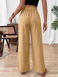 SHEIN Holidaya 女款素色高腰打結休閒日常寬腿長褲 - 卡其色 - 查看 2