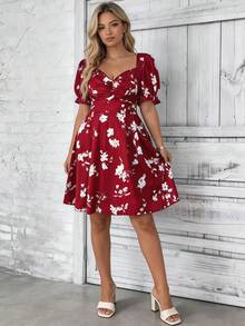 Elenzga Plus Size Women Elegant Front Pleated Waist Cinched Short Sleeve Dress - Burgundy - View 5