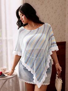 CovetEZ Blue & Yellow Striped Mesh Knit Plus Size Beach Cover-Up, New Spring/Summer - Multicolor - View 7