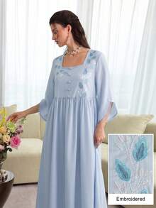 Yasmyna French Square Neck Romantic Purple Embroidered Loose Fit Youthful Long Sleeve Full Skirt Elegant Women's Dress - Blue - View 4