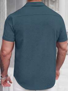 SLATEMANN Men's Textured Single-Breasted Casual Versatile Short Sleeve Shirt - Cadet Blue - View 2