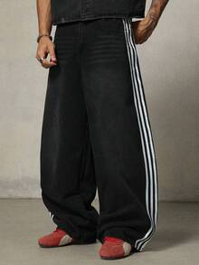 FRESIVO Men's Elastic Waist Side Stripe Loose Fit Fashionable Jeans - Black - View 4