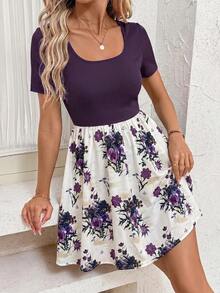 SHEIN Clasi Women's Vacation Ribbed Patchwork Floral Print Short Sleeve Dress Brunch Dark Purple Summer Cute Casual - Purple - View 5