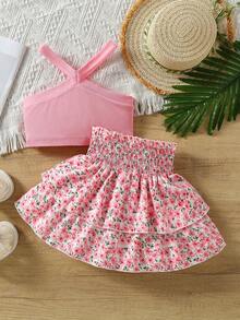 SHEIN Genkimix Kids Girls' Vacation Casual Halter Neck Sleeveless Fitted Solid Color Tank Top And Elastic Waist Floral Ruffle Tiered Skirt Set, Summer - Pink - View 2