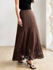 Heiryn Women's Teachers' Day Fashion Versatile Embroidered Hem Patchwork Maxi Skirt Party Office Dark Brown Autumn Elegant French - Brown - View 1