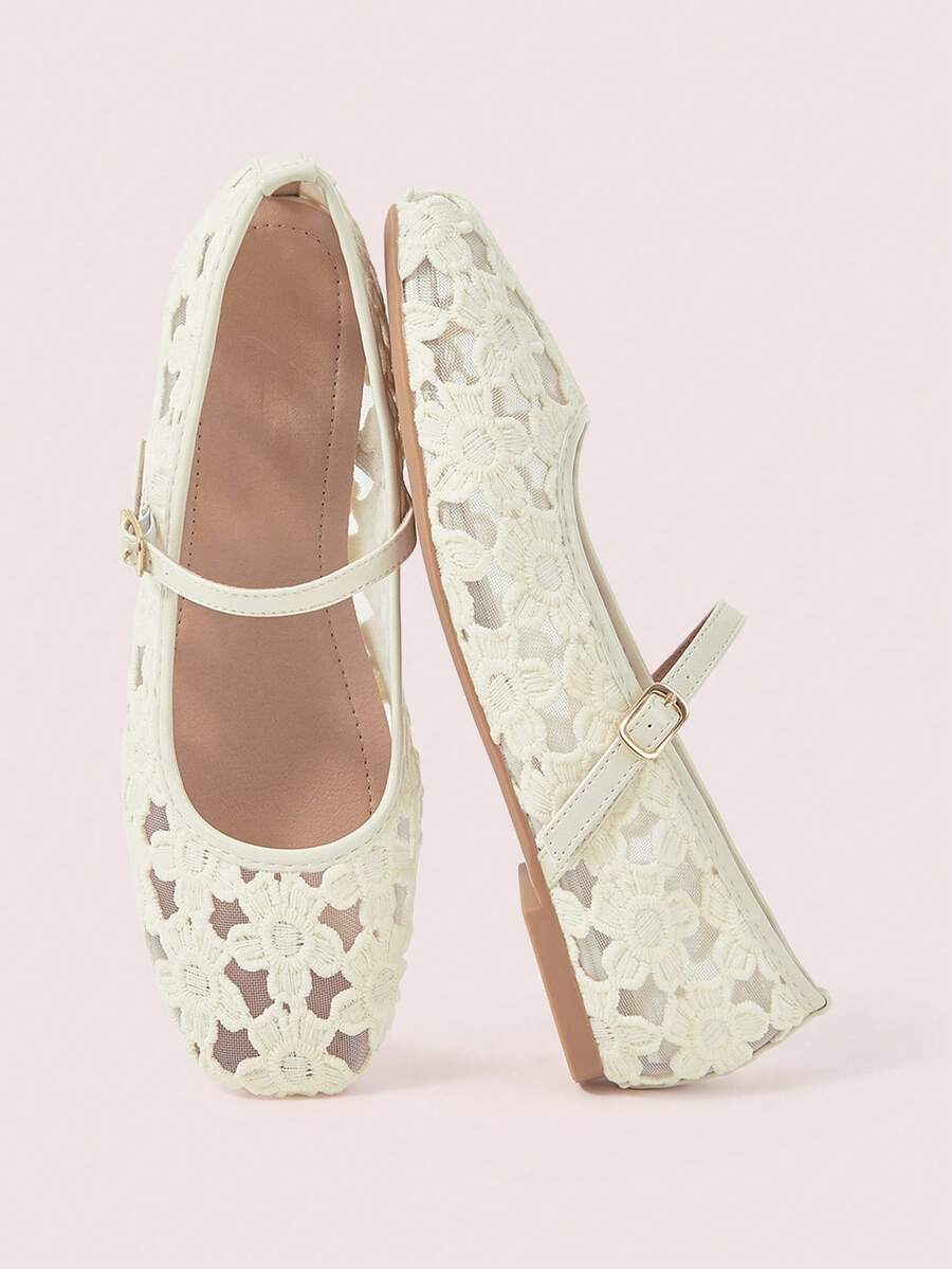 CUCCOO DOLLMOD Women's Shoes, Apricot Flower Mesh Square Toe Flats, Embroidered Retro Mary Jane Mesh Shoes - Apricot 1 - View 1