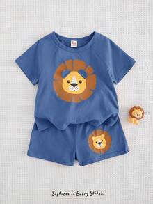 Cozy Pixies 2 Stücke Baby Jungen Cartoon Löwe Muster Strick Rundhals Kurzarm Top und Shorts Set mit elastischem Bund - Graublau - Übersicht 3