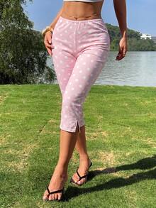 CovetEZ 女款圓點印花休閒百搭開衩牛仔七分褲 - 粉色 - 查看 5