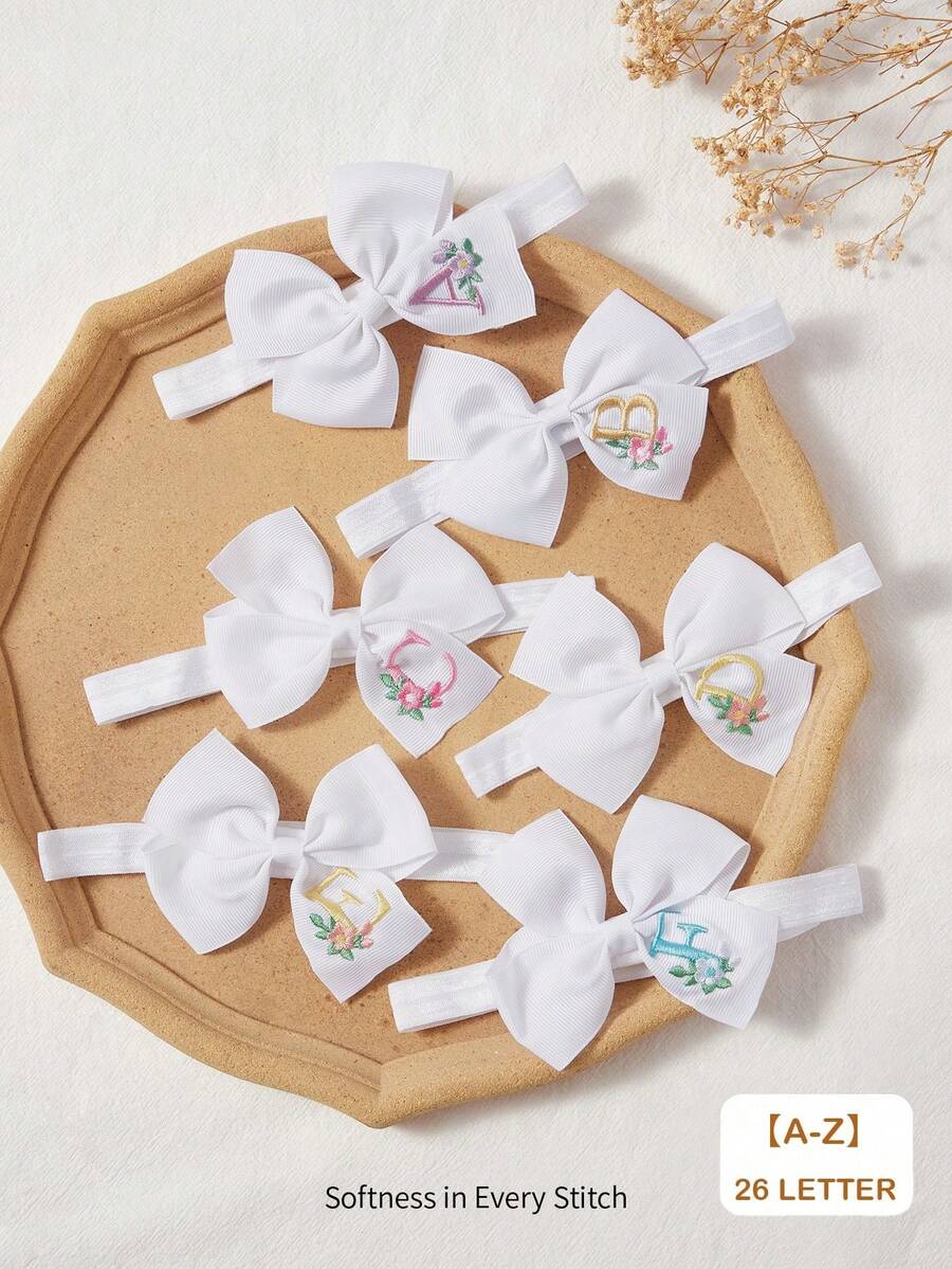 Cozy Pixies 1-Piece [A-Z] 26 Letter Embroidered Baby Headbands, Elastic Nylon Headbands, Suitable For Newborns And Babies, White Soft Elastic Satin Ribbon Bow Hai - White - View 1