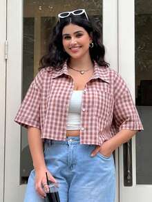 Solflare Plus Size Women's Plaid Single-Breasted Casual Versatile Daily Outing Shirt - Pink - View 3