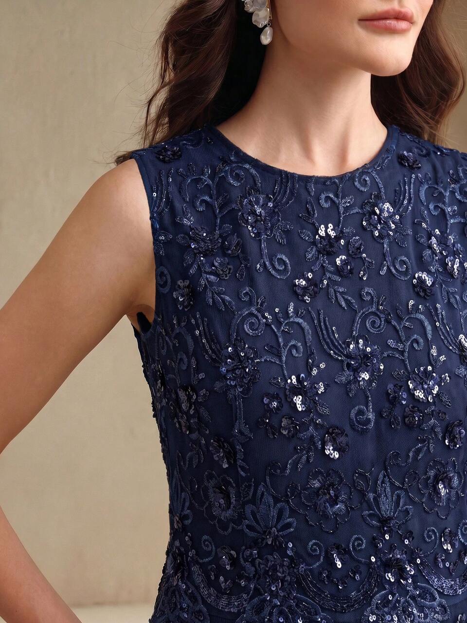 Women's Elegant Elegant Navy Blue Sleeveless Vest Mesh Sequin Floral Embroidery Patchwork Waist-Cinching Long Dress