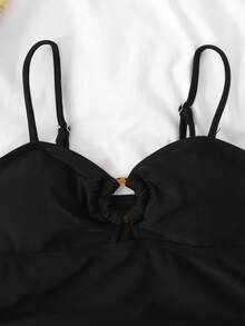 SHEIN 青少年女孩度假環飾鏤空抓皺連身泳衣海灘裝，女孩度假套裝上衣緊身連身衣 - 黑色 - 查看 4