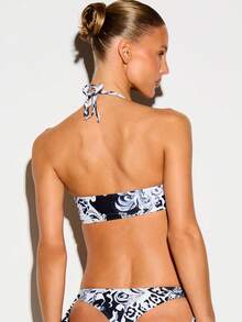 KIZN Oriental Animal Print Halter Bandeau Bikini Top With Twist Front Detail And Adjustable Tie Neck Summer Beach - Multicolor - View 4