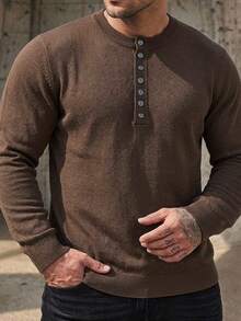 DAZY Spring/Summer Textured Fabric Brown Half-Open Front Men's Plus Size Knit Top - Brown - View 4