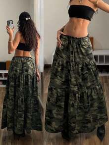 StreetHx Women's Drawstring Waist Casual Camouflage Denim A-Line Skirt - Multicolor - View 9