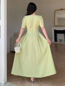 Modelyn Spring/Summer Solid Color Round Neck Short Sleeve Beaded Women's Dress Tea Party Light Green Elegant - Green - View 10