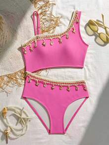 SHEIN Baju Renang Terusan Modis untuk Liburan Anak Perempuan Remaja dengan Hiasan Bintang Laut - Hot Pink - View 1