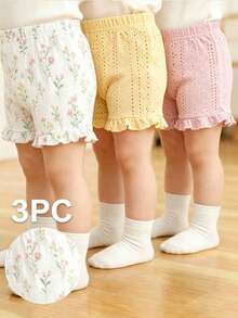 SHEIN Celana Pendek Musim Panas untuk Anak Perempuan, Bordir Berongga / Motif Bunga Kecil, Legging Ringan dengan Hem Bergelombang untuk Bayi, Gaya Serbaguna Multi-Warna - MultiWarna - View 5